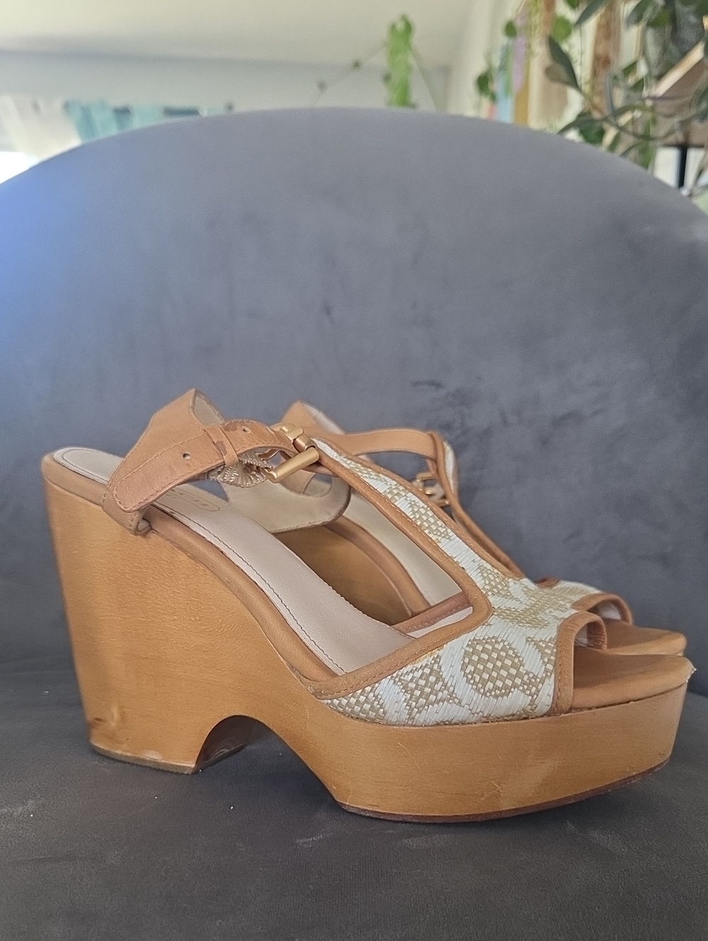 Coach Tan and Cream Monogram Platform Wedge Sandals
